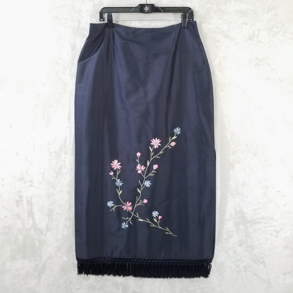 Liz Claiborne Skirt Womens 14 Black Silk Embroidered Fringe Vintage Midi Pencil